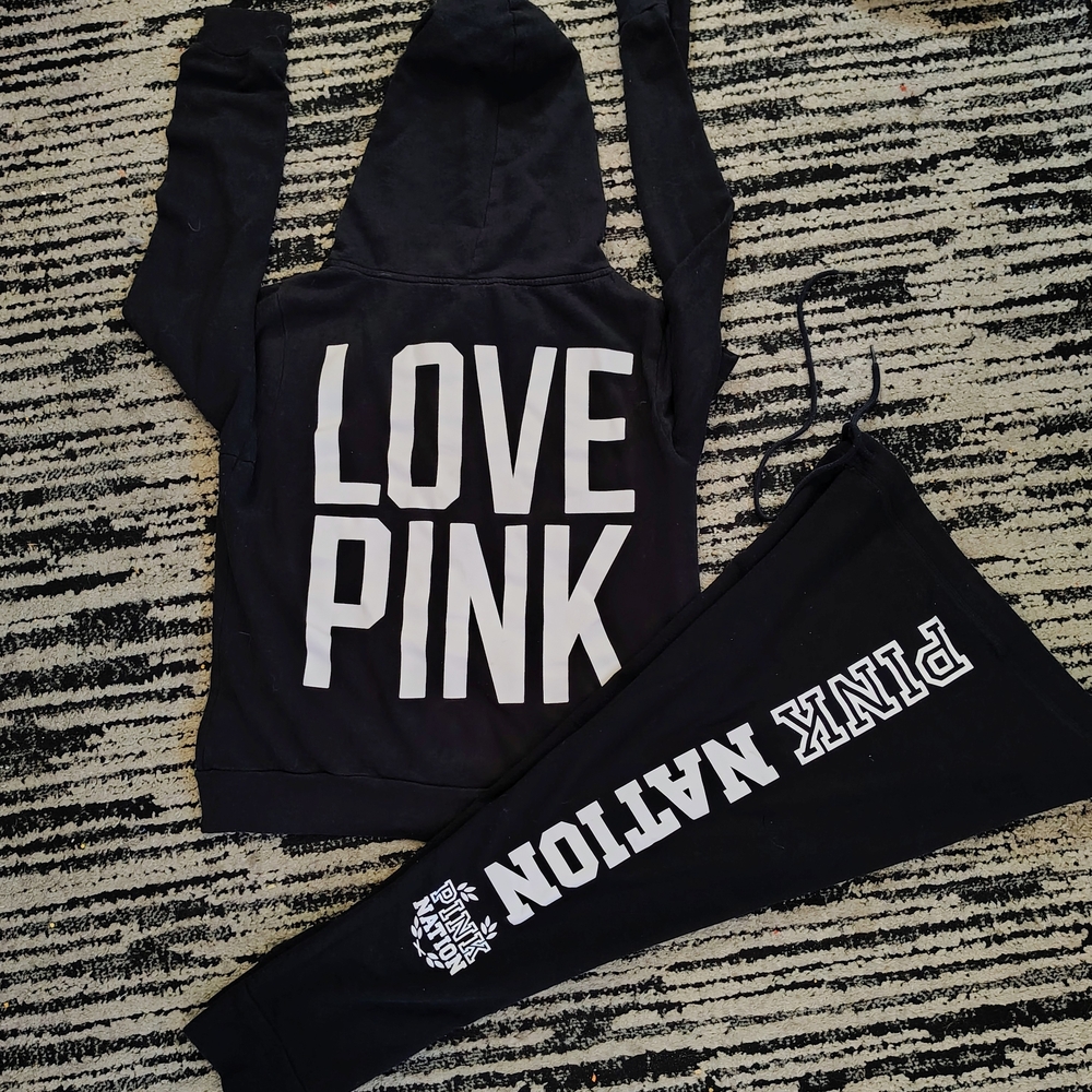 VS PINK Black Dog Logo Sweater Hoodie HighRise Pants Set L Outfit